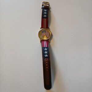 Patriotic Valdawn F69155-1 Quartz Watch USA Flag Stars & Stripes Leather Band